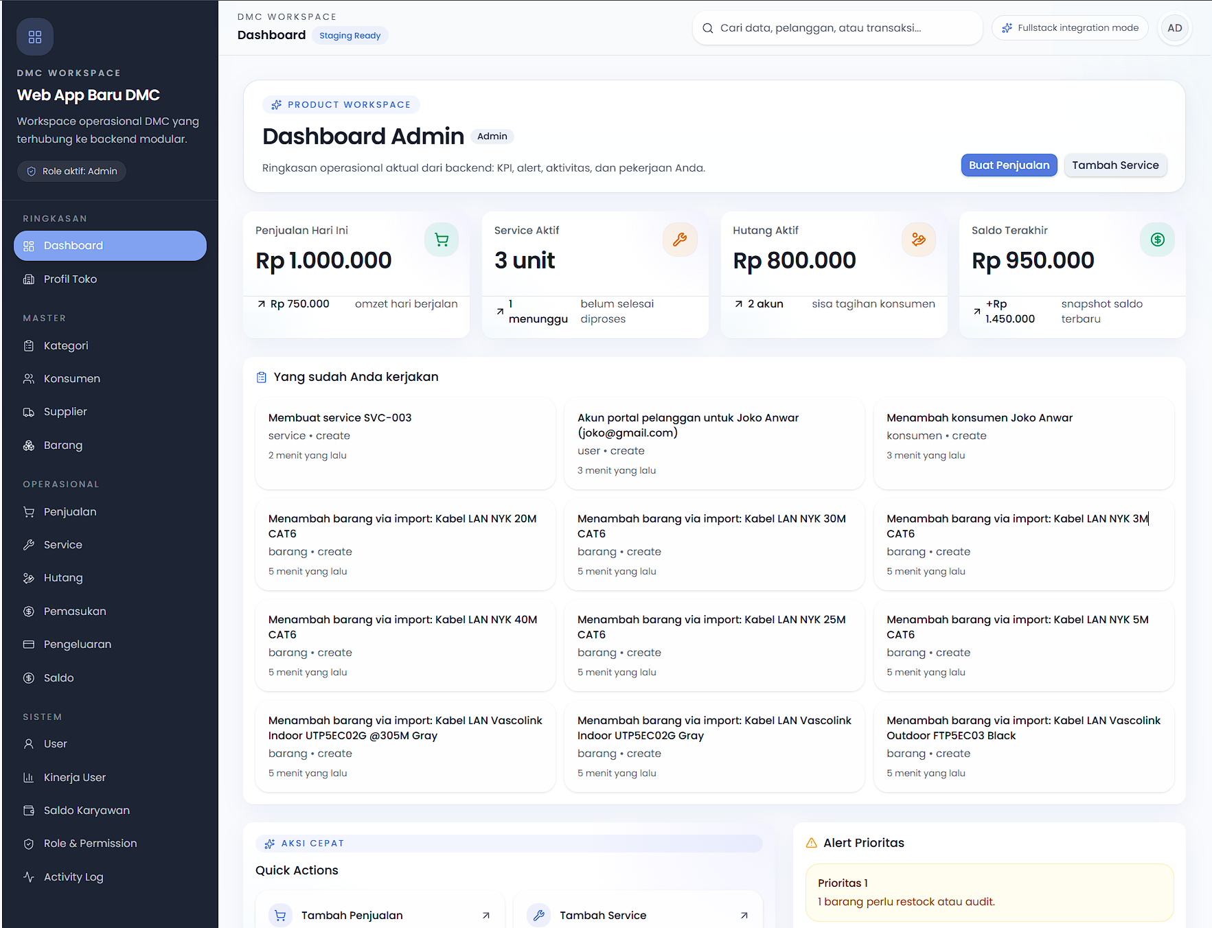 Dashboard admin DMC Computer System — Danadipa Nugraha